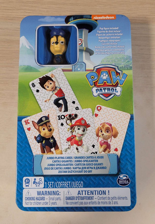 OUTLET Karty Psi Patrol w puszce talia 54 karty + figurka Chase USZKODZONE OPAKOWANIE