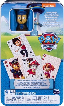 OUTLET Karty Psi Patrol w puszce talia 54 karty + figurka Chase USZKODZONE OPAKOWANIE