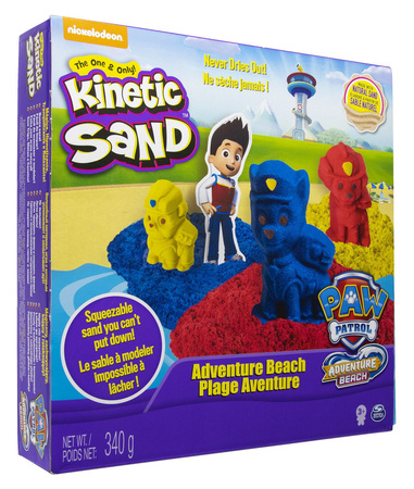 OUTLET Psi Patrol Plastyczny Piasek kinetyczny 340g Kinetic Sand + 3 foremki piesków Chase Marshall Rubble żółty niebieski czerwony USZKODZONE OPAKOWANIE