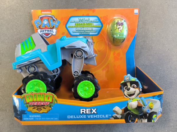 OUTLET Psi Patrol 3w1 Dino Rescue figurka Rex duży pojazd samochód + dinozaur niespodzianka NIEKOMPLETNY