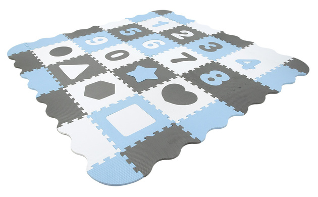 OUTLET Humbi Duża Mata edukacyjna 150 x 150 cm Kojec XXL Grube Puzzle piankowe 30 x 30 cm Cyferki Kształty Kolor szary biały błękitny PO ZWROCIE