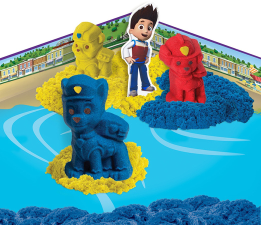 OUTLET Psi Patrol Plastyczny Piasek kinetyczny 340g Kinetic Sand + 3 foremki piesków Chase Marshall Rubble żółty niebieski czerwony USZKODZONE OPAKOWANIE