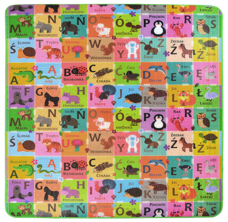 OUTLET Humbi Piankowa dwustronna mata edukacyjna Szachownica 3w1 Polski Alfabet Cyfry Obrazki Kontrastowe czarno-biała 180 x 200 x 0,5 cm WADLIWA