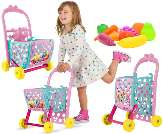 OUTLET Disney Wózek sklepowy na zakupy różowo-miętowy regulowany + naklejki + plastikowe owoce i warzywa Myszka Minnie Mini USZKODZONE OPAKOWANIE