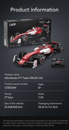 OUTLET Klocki konstrukcyjne CaDA samochód wyścigowy czerwona wyścigówka Alfa Romeo F1 Team ORLEN C42 Formuła 1 pojazd auto 271 elementów USZKODZONE OPAKOWANIE
