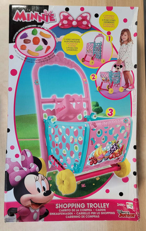 OUTLET Disney Wózek sklepowy na zakupy różowo-miętowy regulowany + naklejki + plastikowe owoce i warzywa Myszka Minnie Mini USZKODZONE OPAKOWANIE