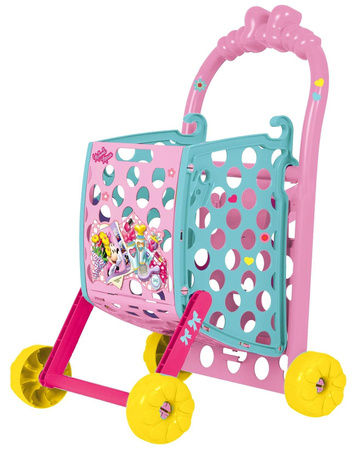 OUTLET Disney Wózek sklepowy na zakupy różowo-miętowy regulowany + naklejki + plastikowe owoce i warzywa Myszka Minnie Mini USZKODZONE OPAKOWANIE