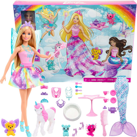 OUTLET Barbie Kalendarz Adwentowy z lalką Kraina Fantazji 25 elementów USZKODZONE OPAKOWANIE