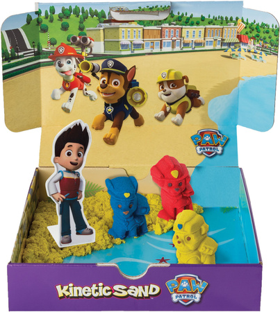 OUTLET Psi Patrol Plastyczny Piasek kinetyczny 340g Kinetic Sand + 3 foremki piesków Chase Marshall Rubble żółty niebieski czerwony USZKODZONE OPAKOWANIE