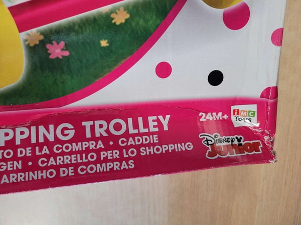 OUTLET Disney Wózek sklepowy na zakupy różowo-miętowy regulowany + naklejki + plastikowe owoce i warzywa Myszka Minnie Mini USZKODZONE OPAKOWANIE