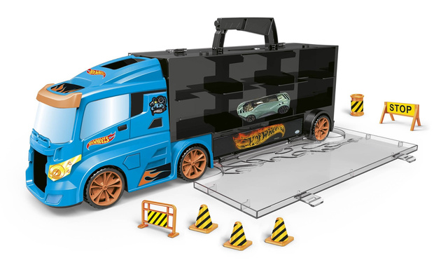 OUTLET Hot Wheels Transporter na 14 aut + 1 auto i znaki drogowe WADLIWY