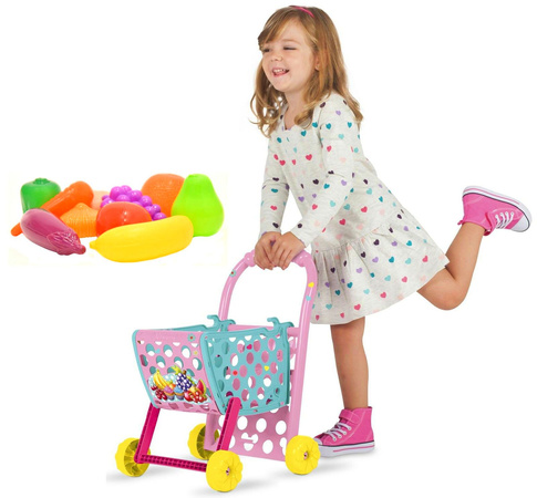 OUTLET Disney Wózek sklepowy na zakupy różowo-miętowy regulowany + naklejki + plastikowe owoce i warzywa Myszka Minnie Mini USZKODZONE OPAKOWANIE
