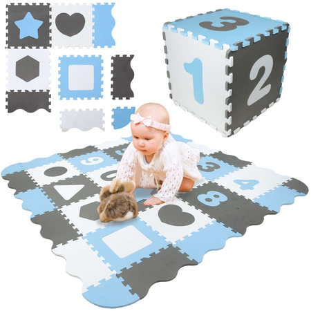 OUTLET Humbi Duża Mata edukacyjna 150 x 150 cm Kojec XXL Grube Puzzle piankowe 30 x 30 cm Cyferki Kształty Kolor szary biały błękitny PO ZWROCIE