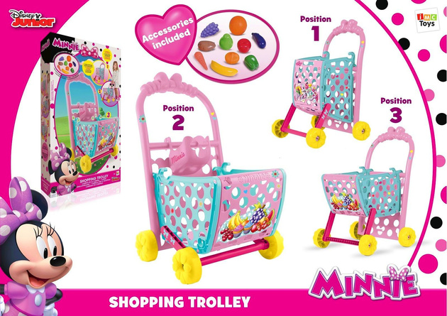 OUTLET Disney Wózek sklepowy na zakupy różowo-miętowy regulowany + naklejki + plastikowe owoce i warzywa Myszka Minnie Mini USZKODZONE OPAKOWANIE