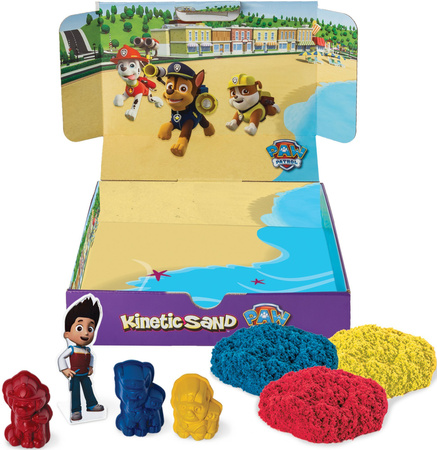 OUTLET Psi Patrol Plastyczny Piasek kinetyczny 340g Kinetic Sand + 3 foremki piesków Chase Marshall Rubble żółty niebieski czerwony USZKODZONE OPAKOWANIE