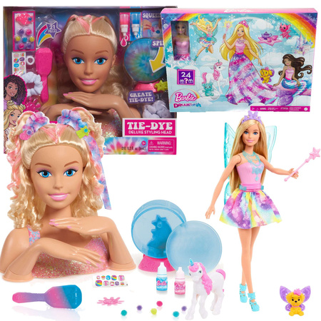 Zestaw 2W1 Lalka Głowa do stylizacji czesania włosów i paznokci Kalendarz Adwentowy Barbie Tie-Dye Fryzjer Manicure + akcesoria
